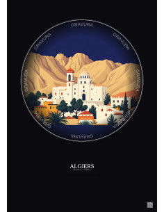 Affiche Algiers – Poster illustration vintage – Basilica Of Notre Dame D Afrique | Gravura – Fond foncé