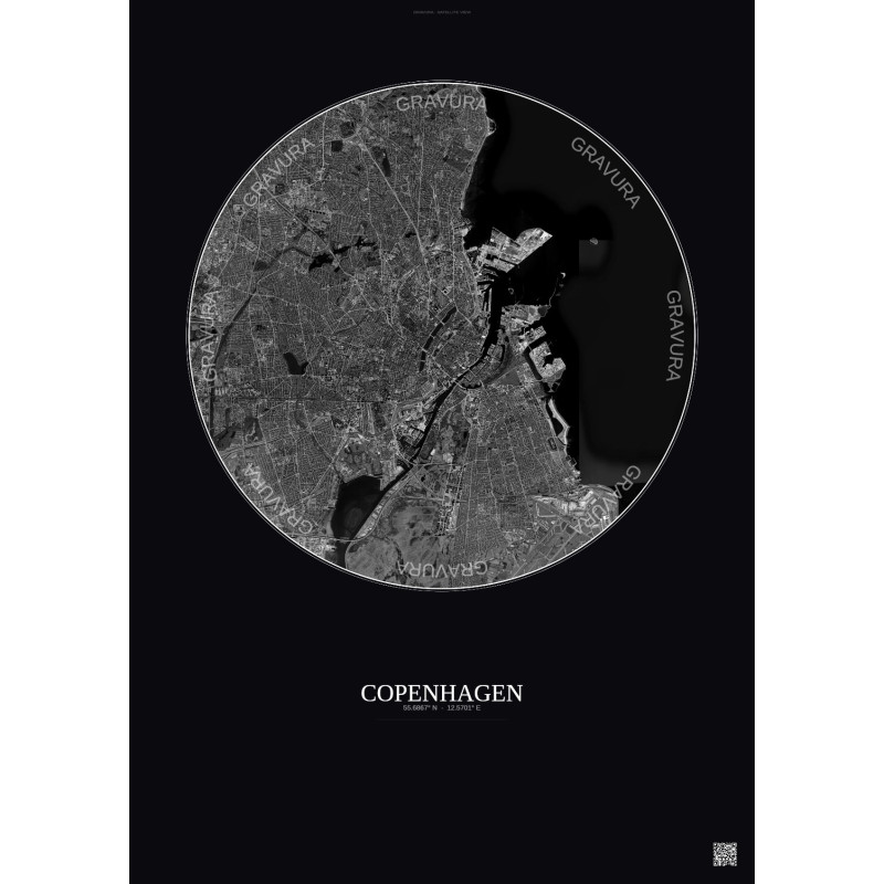 Affiche Copenhagen – Poster vue satellite 10km N&B | Gravura – Fond foncé