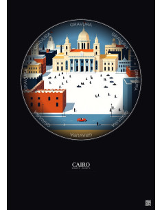 Affiche Cairo – Poster illustration vintage – Tahrir Square | Gravura – Fond foncé