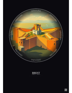 Brest Vintage Travel Poster – Brest Fortress | Gravura – Dark background