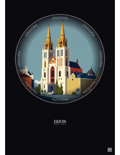Dijon Vintage Travel Poster – Cathedrale Saint Benigne De Dijon | Gravura – Dark background
