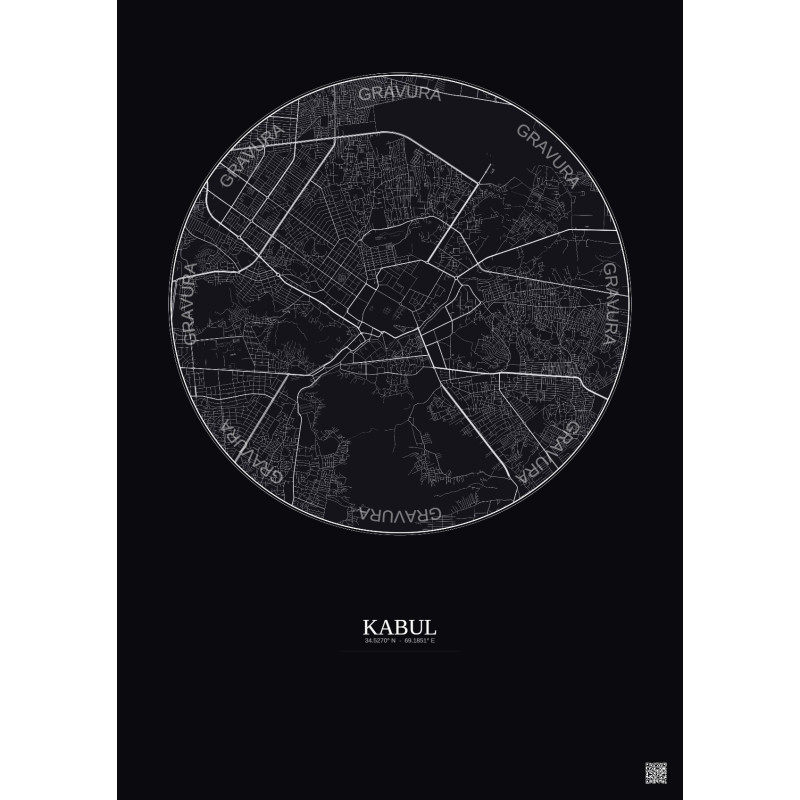 Affiche Kabul – Poster carte de ville 6km | Gravura – Fond foncé