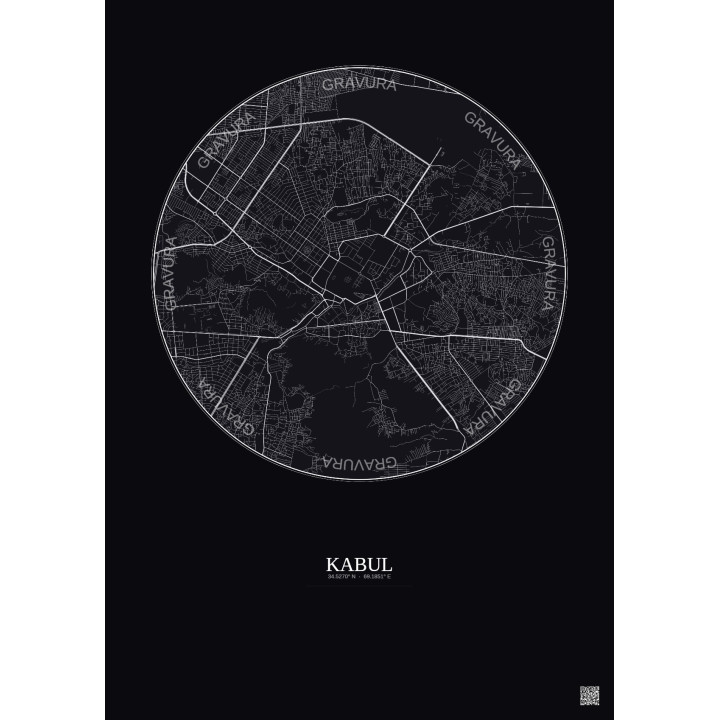 Kabul City Map Poster 6km | Gravura – Dark background