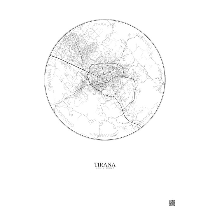 Affiche Tirana – Poster carte de ville 10km | Gravura – Fond cla
