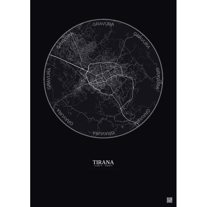 Affiche Tirana – Poster carte de ville 10km | Gravura – Fond fon
