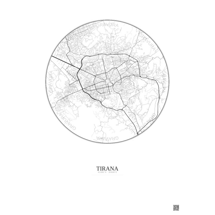 Affiche Tirana – Poster carte de ville 6km | Gravura – Fond clai