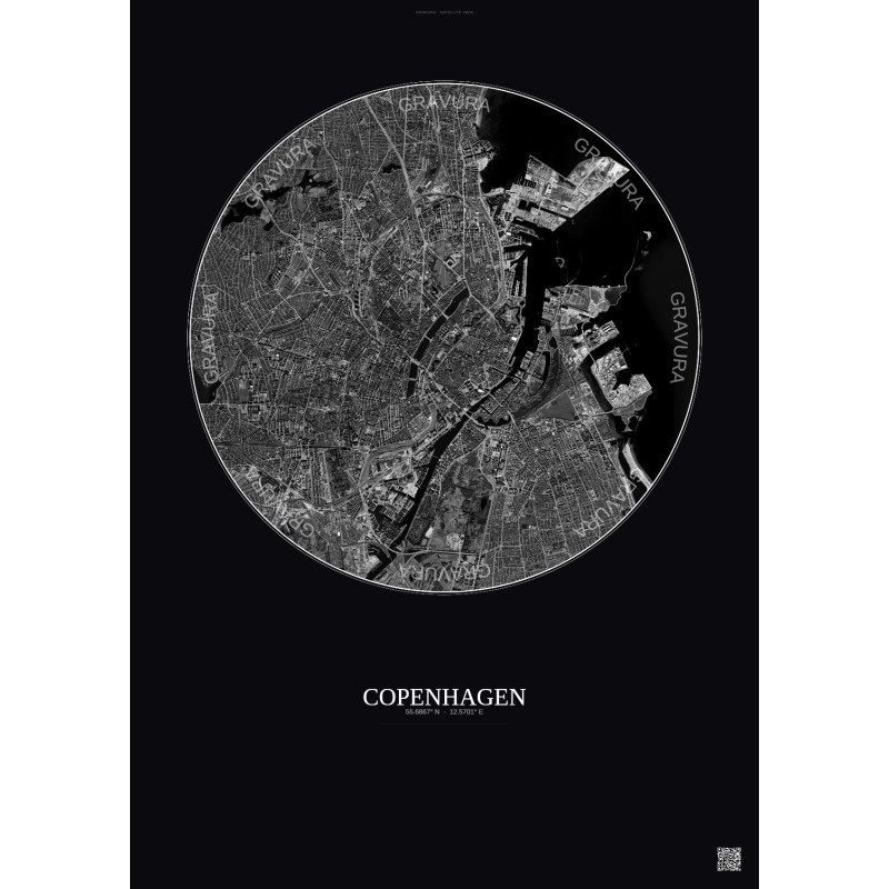 Affiche Copenhagen – Poster vue satellite 6km N&B | Gravura – Fond foncé