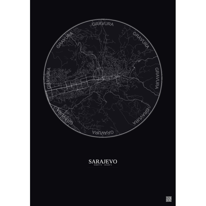 Affiche Sarajevo – Poster carte de ville 6km | Gravura – Fond fo