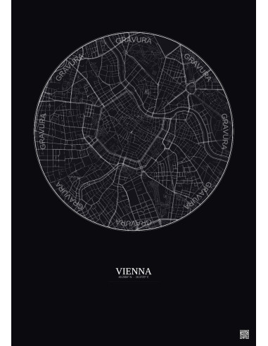 Affiche Vienna – Poster carte de ville 2.5km | Gravura – Fond foncé