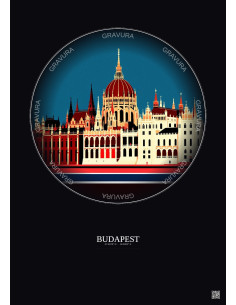 Budapest Vintage Travel Poster – Hungarian Parliament Building | Gravura – Dark background