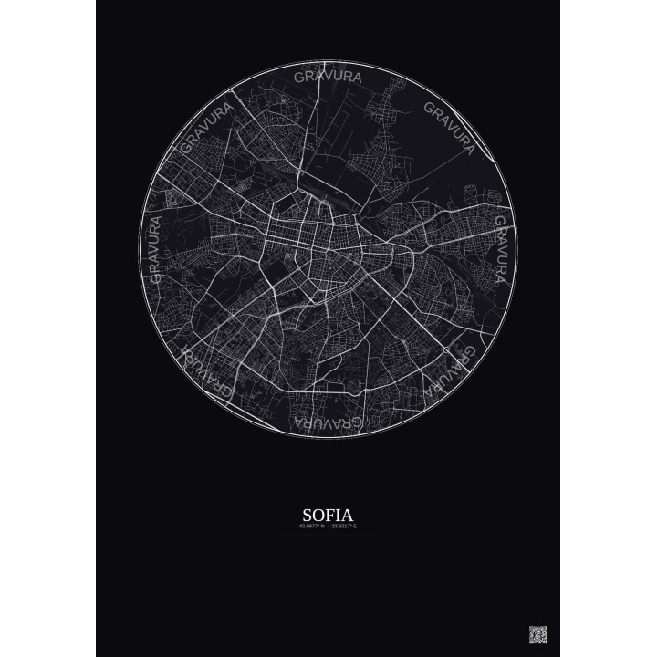 Affiche Sofia – Poster carte de ville 6km | Gravura – Fond foncé