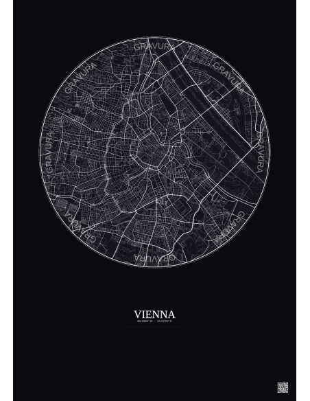 Affiche Vienna – Poster carte de ville 6km | Gravura – Fond foncé