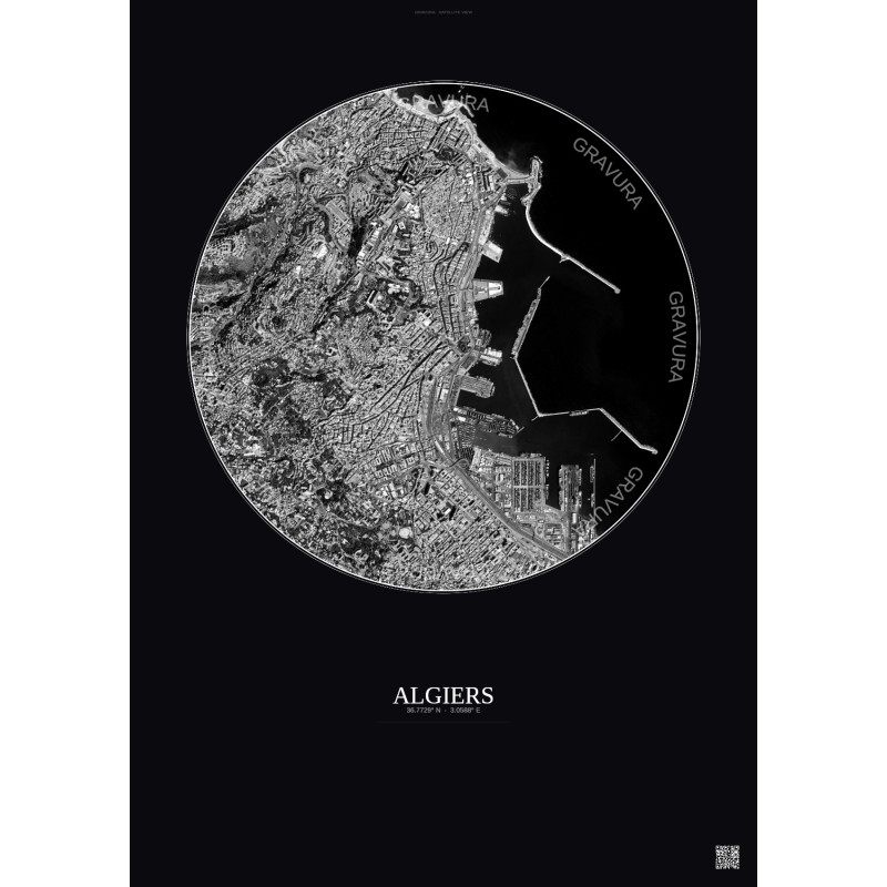 Affiche Algiers – Poster vue satellite 2.5km N&B | Gravura – Fond foncé