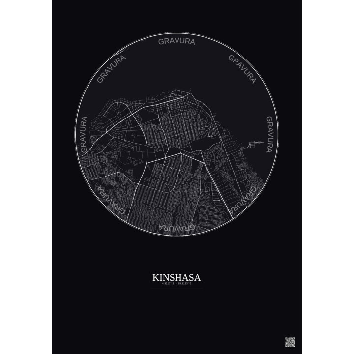 Affiche Kinshasa – Poster carte de ville 6km | Gravura – Fond fo
