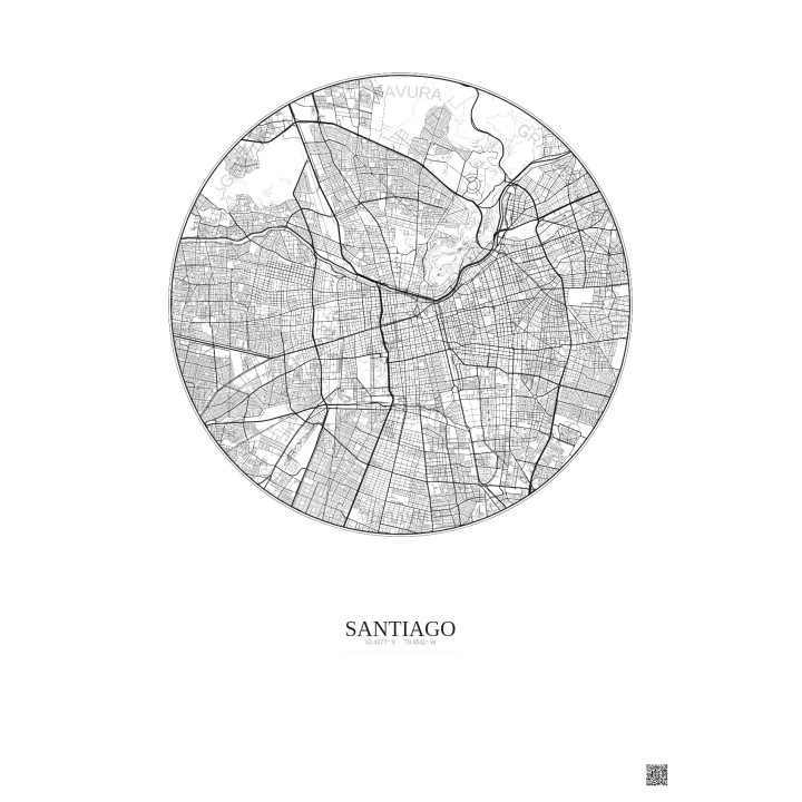 Affiche Santiago – Poster carte de ville 10km | Gravura – Fond c