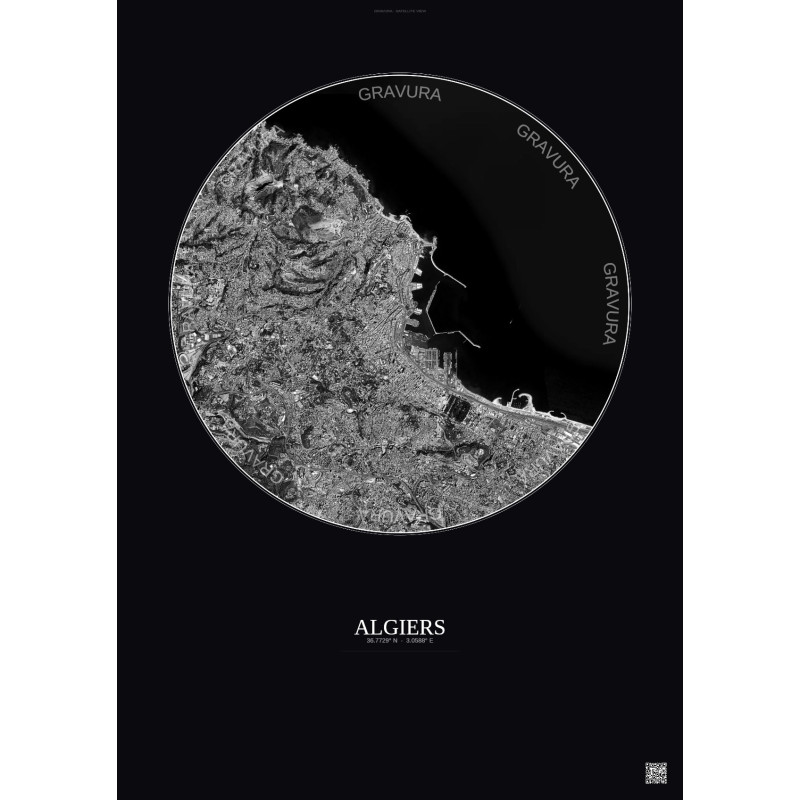 Affiche Algiers – Poster vue satellite 6km N&B | Gravura – Fond foncé