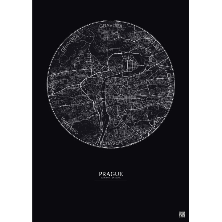 Affiche Prague – Poster carte de ville 6km | Gravura – Fond fonc