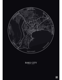 Affiche Baku City – Poster carte de ville 10km | Gravura – Fond foncé