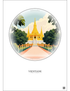 Affiche Vientiane – Poster illustration vintage – Haw Phra Kaew | Gravura – Fond clair