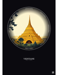 Affiche Vientiane – Poster illustration vintage – Pha That Luang | Gravura – Fond foncé