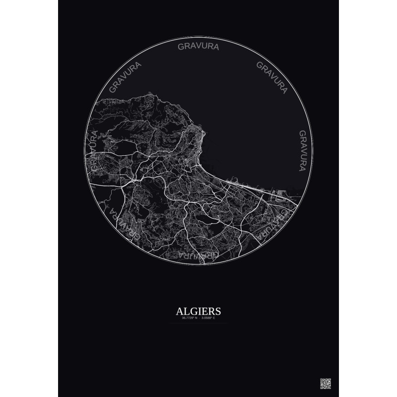 Affiche Algiers – Poster carte de ville 10km | Gravura – Fond fo