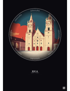 Riga Vintage Travel Poster – Riga Cathedral | Gravura – Dark background