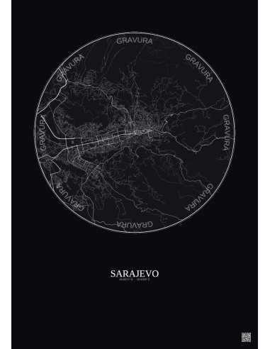 Sarajevo City Map Poster 10km | Gravura – Dark background