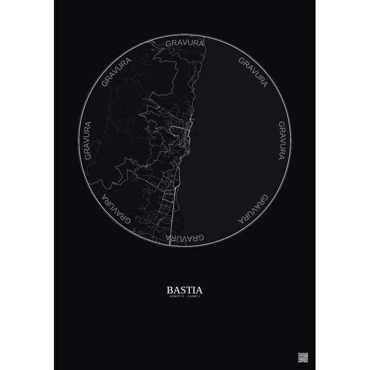 Bastia City Map Poster 5km | Gravura – Dark background