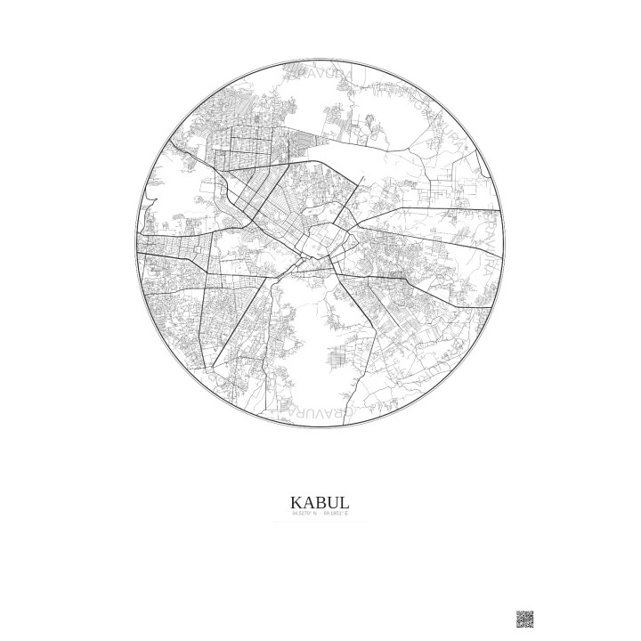 Affiche Kabul – Poster carte de ville 10km | Gravura – Fond clair