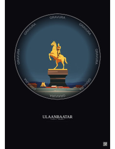 Affiche Ulaanbaatar – Poster illustration vintage – Genghis Khan Equestrian Statue | Gravura – Fond foncé