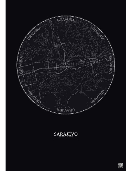 Sarajevo City Map Poster 2.5km | Gravura – Dark background