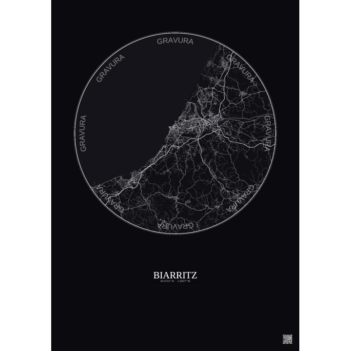 Affiche Biarritz – Poster carte de ville 20km | Gravura – Fond f