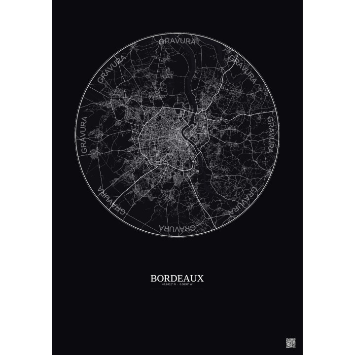 Affiche Bordeaux – Poster carte de ville 20km | Gravura – Fond f