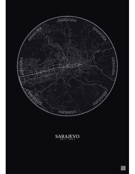 Affiche Sarajevo – Poster carte de ville 6km | Gravura – Fond foncé