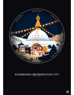 Affiche Kathmandu Metropolitan City – Poster illustration vintage – Most Iconic Landmark Of Kathmandu Metropolitan City | Gravur