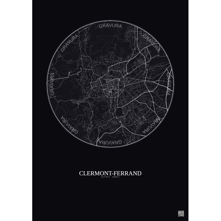 Clermont Ferrand City Map Poster 5km | Gravura – Dark background