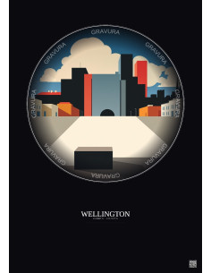 Affiche Wellington – Poster illustration vintage – Te Ngakau Civic Square | Gravura – Fond foncé