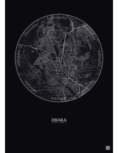 Affiche Dhaka – Poster carte de ville 10km | Gravura – Fond foncé