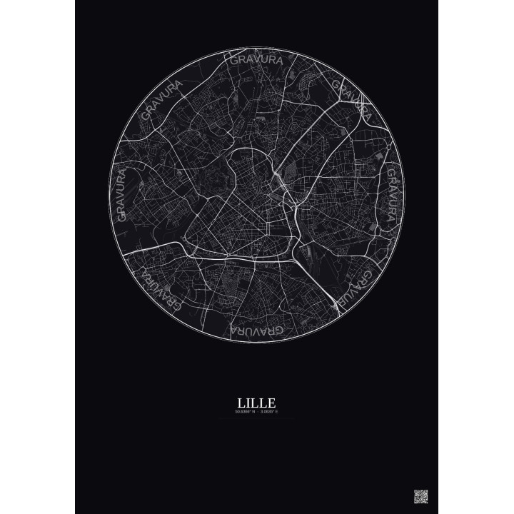 Affiche Lille – Poster carte de ville 5km | Gravura – Fond foncé