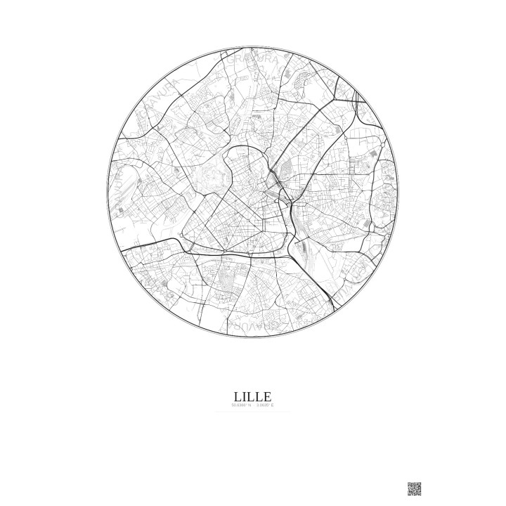 Affiche Lille – Poster carte de ville 5km | Gravura – Fond clair