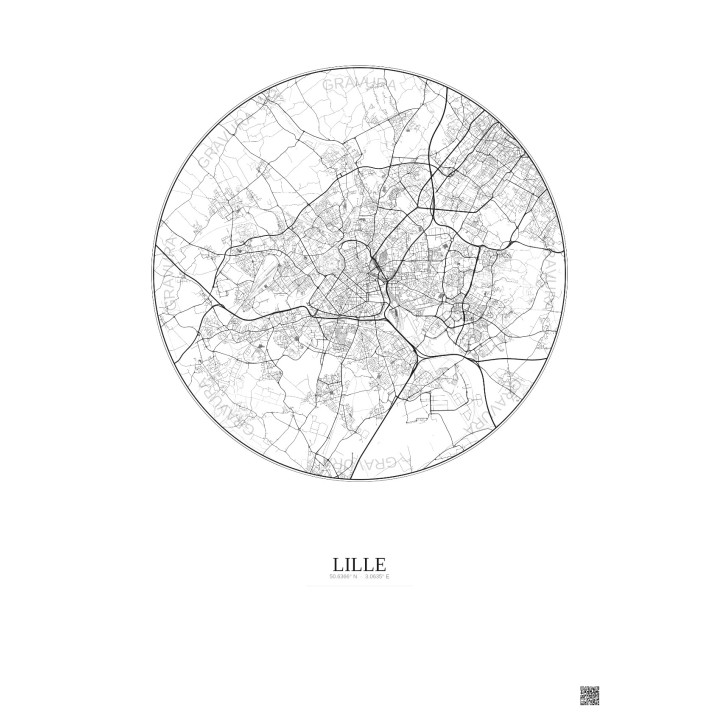 Affiche Lille – Poster carte de ville 10km | Gravura – Fond clai