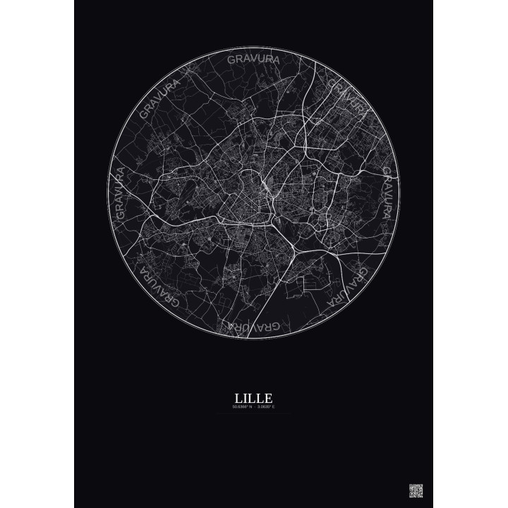 Affiche Lille – Poster carte de ville 10km | Gravura – Fond fonc