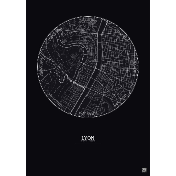 Affiche Lyon – Poster carte de ville 2.5km | Gravura – Fond fonc
