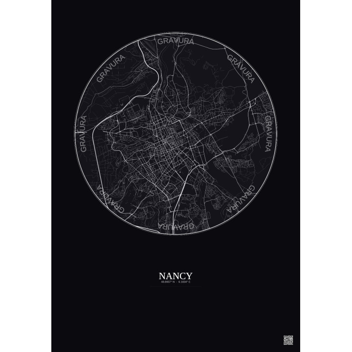 Affiche Nancy – Poster carte de ville 6km | Gravura – Fond foncé