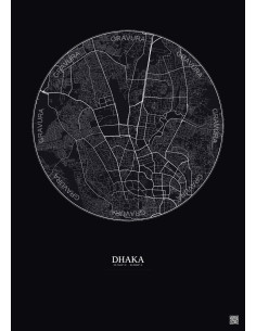 Affiche Dhaka – Poster carte de ville 6km | Gravura – Fond foncé