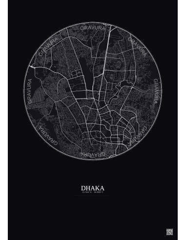 Affiche Dhaka – Poster carte de ville 6km | Gravura – Fond foncé