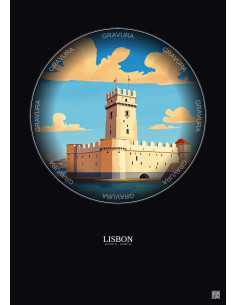 Lisbon Vintage Travel Poster – Torre De Belem | Gravura – Dark background