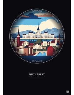 Affiche Bucharest – Poster illustration vintage – Bucharest | Gravura – Fond foncé