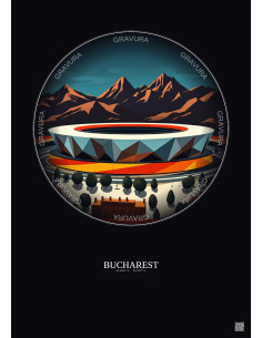 Affiche Bucharest – Poster illustration vintage – National Arena | Gravura – Fond foncé