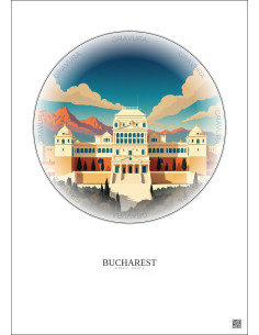 Affiche Bucharest – Poster illustration vintage – Palace Of The Parliament | Gravura – Fond clair